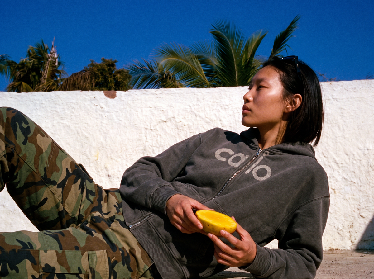 model reclining in the caio zip hoodie holding a mango