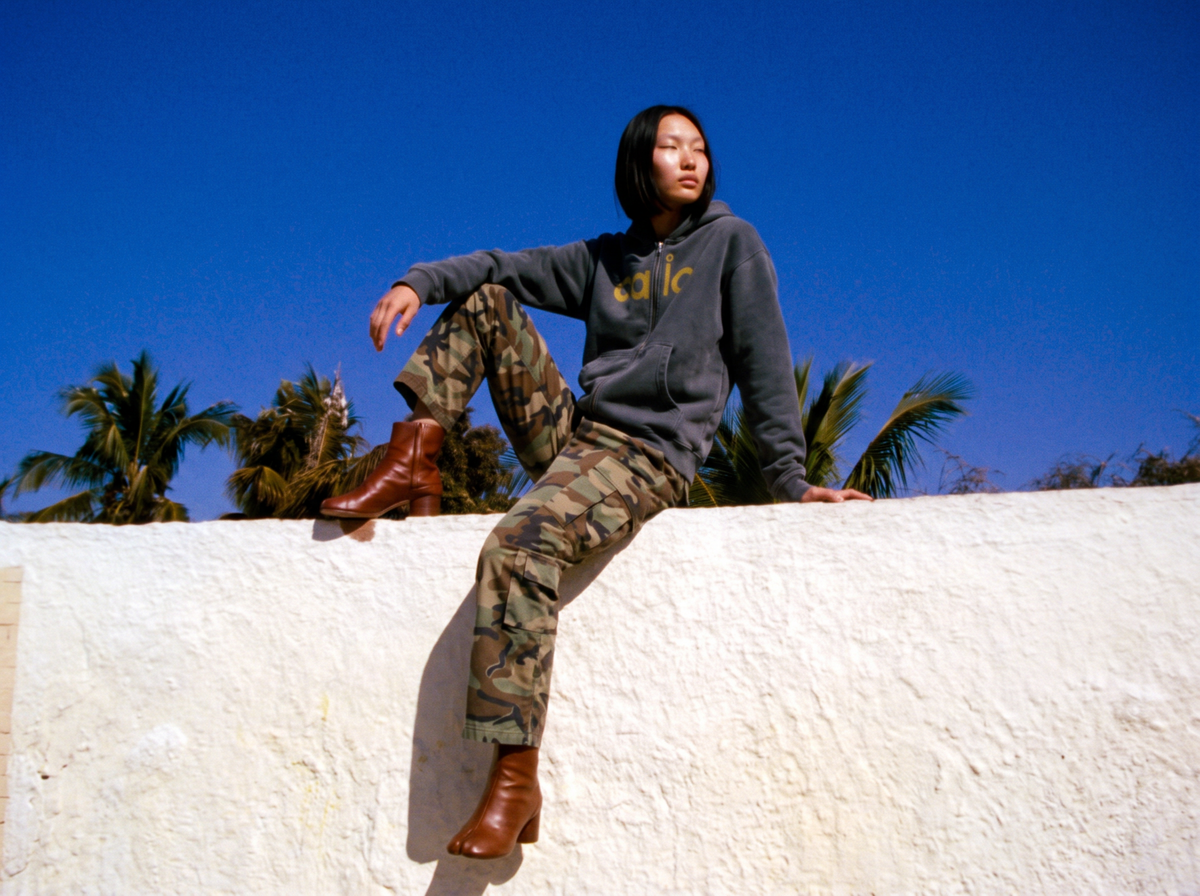 model sitting on a white wall in the caio zip hoodie